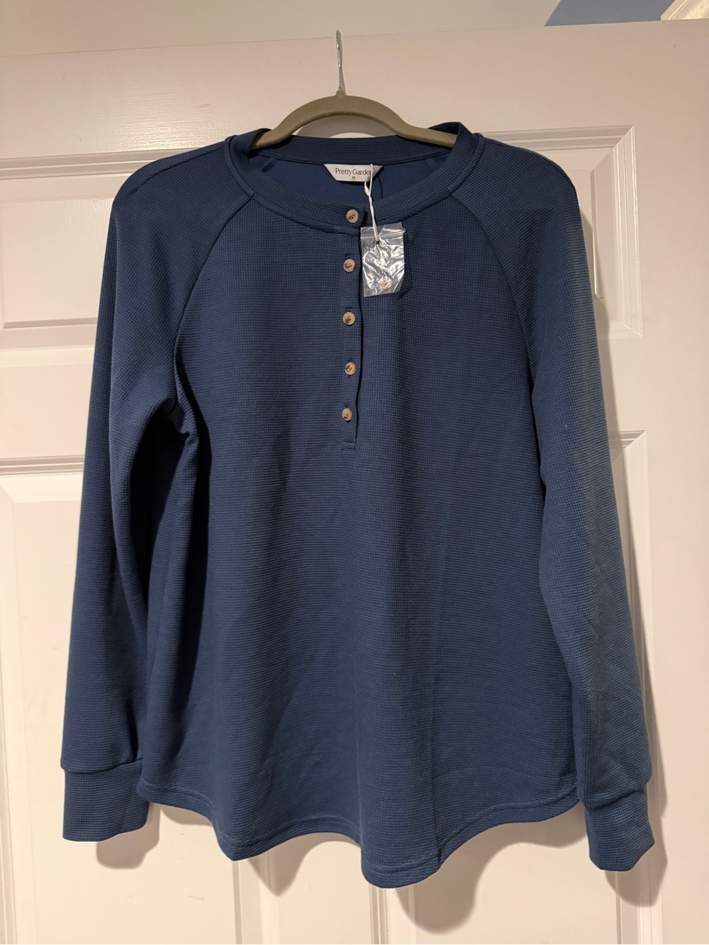 PrettyGarden Navy Waffle Henley with Wood-Tone Buttons